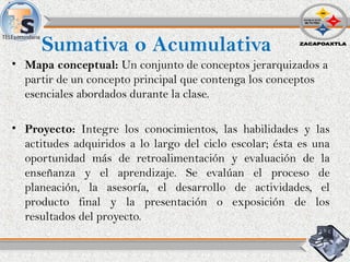 Sumativa o Acumulativa
• Mapa conceptual: Un conjunto de conceptos jerarquizados a
partir de un concepto principal que contenga los conceptos
esenciales abordados durante la clase.
• Proyecto: Integre los conocimientos, las habilidades y las
actitudes adquiridos a lo largo del ciclo escolar; ésta es una
oportunidad más de retroalimentación y evaluación de la
enseñanza y el aprendizaje. Se evalúan el proceso de
planeación, la asesoría, el desarrollo de actividades, el
producto final y la presentación o exposición de los
resultados del proyecto.
 