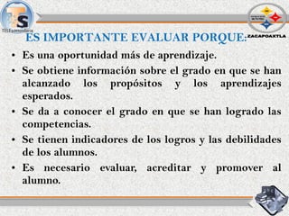 • Es una oportunidad más de aprendizaje.
• Se obtiene información sobre el grado en que se han
alcanzado los propósitos y los aprendizajes
esperados.
• Se da a conocer el grado en que se han logrado las
competencias.
• Se tienen indicadores de los logros y las debilidades
de los alumnos.
• Es necesario evaluar, acreditar y promover al
alumno.
ES IMPORTANTE EVALUAR PORQUE:
 