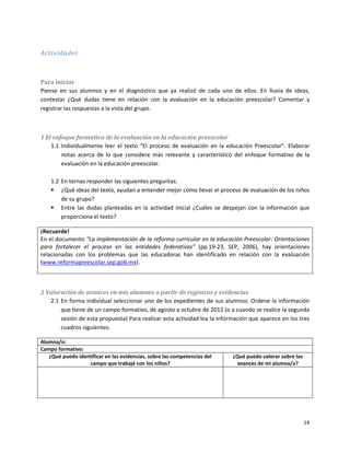 Actividades



Para iniciar
Piense en sus alumnos y en el diagnóstico que ya realizó de cada uno de ellos. En lluvia de ideas,
contestar ¿Qué dudas tiene en relación con la evaluación en la educación preescolar? Comentar y
registrar las respuestas a la vista del grupo.



1 El enfoque formativo de la evaluación en la educación preescolar
    1.1 Individualmente leer el texto “El proceso de evaluación en la educación Preescolar”. Elaborar
        notas acerca de lo que considere más relevante y característico del enfoque formativo de la
        evaluación en la educación preescolar.

    1.2 En ternas responder las siguientes preguntas:
     ¿Qué ideas del texto, ayudan a entender mejor cómo llevar el proceso de evaluación de los niños
        de su grupo?
     Entre las dudas planteadas en la actividad inicial ¿Cuáles se despejan con la información que
        proporciona el texto?

¡Recuerde!
En el documento “La implementación de la reforma curricular en la educación Preescolar: Orientaciones
para fortalecer el proceso en las entidades federativas” (pp.19-23, SEP, 2006), hay orientaciones
relacionadas con los problemas que las educadoras han identificado en relación con la evaluación
(www.reformapreescolar.sep.gob.mx).



2 Valoración de avances en mis alumnos a partir de registros y evidencias
   2.1 En forma individual seleccionar uno de los expedientes de sus alumnos. Ordene la información
       que tiene de un campo formativo, de agosto a octubre de 2012 (o a cuando se realice la segunda
       sesión de esta propuesta) Para realizar esta actividad lea la información que aparece en los tres
       cuadros siguientes:

Alumna/o:
Campo formativo:
   ¿Qué puedo identificar en las evidencias, sobre las competencias del   ¿Qué puedo valorar sobre los
                  campo que trabajé con los niños?                         avances de mi alumna/o?




                                                                                                         14
 