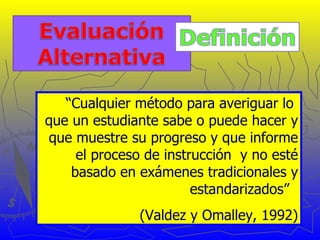 “ Cualquier método para averiguar lo  que un estudiante sabe o puede hacer y que muestre su progreso y que informe el proc...
