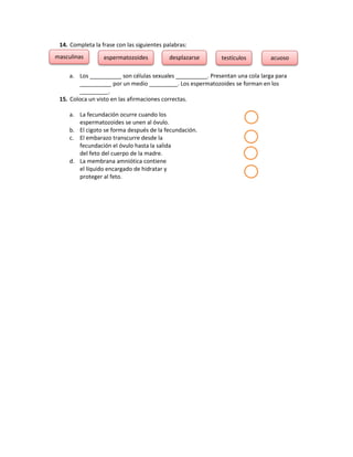 14. Completa la frase con las siguientes palabras:
a. Los __________ son células sexuales __________. Presentan una cola larga para
__________ por un medio _________. Los espermatozoides se forman en los
_________.
15. Coloca un visto en las afirmaciones correctas.
a. La fecundación ocurre cuando los
espermatozoides se unen al óvulo.
b. El cigoto se forma después de la fecundación.
c. El embarazo transcurre desde la
fecundación el óvulo hasta la salida
del feto del cuerpo de la madre.
d. La membrana amniótica contiene
el líquido encargado de hidratar y
proteger al feto.
masculinas espermatozoides desplazarse testículos acuoso
 