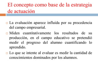 El concepto como base de la estrategia
de actuación

   La evaluación aparece influida por su procedencia
    del campo empresarial.
   Miden cuantitativamente los resultados de su
    producción, en el campo educativo se pretendió
    medir el progreso del alumno cuantificando lo
    aprendido.
   Lo que se intente al evaluar es medir la cantidad de
    conocimientos dominados por los alumnos.
 