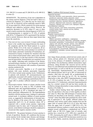 110–300 IU/L in serum and 35–260 SU/h or 65–480 IU/L
in urine (2).
SENSITIVITY. The sensitivity of any test is dependent on
the criteria used for diagnosis. If the test itself is taken as a
criterion for diagnosis, as is often the case for serum amy-
lase in AP, its sensitivity will be artiﬁcially raised to 100%
(3). In one cohort (4), a 99.6% sensitivity for serum amylase
reﬂected such subjective inclusion criteria. However, the
sensitivity decreases to 81–95% when CT scan or ultra-
sound is used to ascertain the clinical diagnosis of AP (5, 6).
Normoamylasemia is reported in 19–32% of patients
with AP (6, 7). Diagnosis of AP is questioned if the amylase
level is normal. However, there are three major factors that
lower the sensitivity:
1. Time interval since onset of attack. A major confounding
factor is the variable time elapsed between the onset of
the symptoms and the ﬁrst blood analysis in a given
patient. Within 24 h of the onset of symptoms, all en-
zymes are elevated; thus, serum amylase is as sensitive as
serum lipase, pancreatic isoamylase (P-isoamylase), im-
munoreactive trypsin, or elastase (8). Amylase is the ﬁrst
one to return toward normal values, and as such, after the
ﬁrst hospital day it is the least sensitive of the enzymatic
tests for pancreatitis. Normalization can sometimes occur
very rapidly, indicating early resolution of the disease,
increased urinary clearance, or, less frequently, extensive
destruction of the pancreas with cessation of pancreatic
amylase production (6).
2. Alcoholic pancreatitis. Spechler et al. (7) noted that
patients with acute alcoholic pancreatitis frequently
(32%) have normal serum amylase levels. Furthermore,
in patients with alcoholic AP, normoamylasemia was
signiﬁcantly associated with number of previous attacks
(0.7 vs 0.4, p Ͻ 0.01), indicating a parenchyma that is no
longer able to produce sufﬁcient amounts of enzymes
(6).
3. Hypertriglyceridemia. Serum or urinary amylase levels
may be normal in as many as 50% of patients with
abdominal pain and hypertriglyceridemia, in whom a
clinical diagnosis of AP is considered and when CT
shows pancreatic inﬂammation (9). The hyperlipidemia
interferes with the amylase assay, leading to a spuriously
normal result. A circulatory inhibitor of serum amylase
exists, as suggested by demonstration of elevated amy-
lase by dilution of the serum (10), but is probably not
triglyceride itself (11). In all situations where AP is
suspected with a normal serum amylase, triglyceride
estimations must be done, and if lactescent plasma is
present, serial dilution techniques should be employed to
circumvent false negative amylase results.
SPECIFICITY. The greatest limitation of serum amylase is
its lack of speciﬁcity. Besides AP, conditions that increase
serum amylase levels include many diseases and derange-
ments of the biliary tract, liver, intestines, genitourinary
tract, lungs, breast, prostate, central nervous system, and, of
course, salivary glands (12). Abnormal serum levels also
occur in the presence of metabolic disturbances such as
renal failure, liver dysfunction, diabetic ketoacidosis, hypo-
perfusion, eating disorders like anorexia nervosa and bu-
limia (13), and abdominal and nonabdominal trauma includ-
ing head injury, as well as with the use of various drugs (2,
14). Interestingly, hyperamylasemia, seen commonly in
HIV-infected persons and in up to 40% of intoxicated al-
coholics, often does not signify AP, as predominantly S-
type amylase levels alone go up (15, 16). An important
observation is that, after ERCP, hyperamylasemia is noted
in 25–43% of patients but only 1–4% have evidence of
pancreatitis (17). Furthermore, persistent hyperamylasemia
may be a normal variant (18) and has been recently de-
scribed as a benign abnormality in many members of certain
families (19) (Table 1).
Another critical limiting factor that signiﬁcantly inﬂu-
ences the speciﬁcity is the issue of what signiﬁes an abnor-
mal value (3). More than 200 techniques of amylase deter-
mination are described in the literature, creating a host of
“normal” values that differ both quantitatively and in meth-
ods of expression (2, 20). Further, different studies have
arbitrarily used various cutoff values ranging from just the
upper limit of normal (300 IU/L) (3) to more than three
times the upper limit of normal (Ͼ1000 IU/L) (21). No
international reference method or cutoff value has yet been
adopted toward establishing a standardized tool. With a
cutoff value of 300 IU/L (upper limit of normal), total
amylase has a sensitivity of 91–100% but a speciﬁcity of
71–98%. Increasing the cutoff value to 1000 IU/L increases
the speciﬁcity to around 100% but decreases sensitivity to as
low as 61%. Ideally, sensitivity should be increased at the
Table 1. Conditions With Increased Amylase
Abdominal disorders
Pancreatic disorders: acute pancreatitis, chronic pancreatitis,
pseudocysts, pancreatic trauma, pancreatic cancer
Nonpancreatic intra-abdominal conditions: perforated bowel,
mesenteric infarction, intestinal obstruction, appendicitis,
peritonits, abdominal aortic aneurysm, ruptured ectopic
pregnancy, fallopian and ovarian cysts, salpingitis, hepatitis
Extra-abdominal conditions
Salivary diseases, renal failure, ketoacidosis, pneumonia,
cerebral trauma, burns, anorexia nervosa, bulimia,
nonabdominal surgery
Macroamylasemia
Idiopathic hyperamylasemia
Familial and nonfamilial
Drug induced
Deﬁnite association: azathioprine, L-asparginase,
sulfonamides, tetracycline, didanosine, methyldopa, estrogens,
furosemide, pentamidine, 5-aminosalicylic acid compounds,
valproic acid, salicylate, thiazide, calcium, vinca alkaloids
Probable association: glucocorticoids, nitrofurantoin,
phenformin, rifampin, FK-506 (tacrolimus), metronidazole,
6-mercaptopurine, procainamide, diphenoxylate,
chlorthalidone, cimetidine, cytosine arabinoside, cisplatin,
cyclosporin A
1310 Yadav et al. AJG – Vol. 97, No. 6, 2002
 