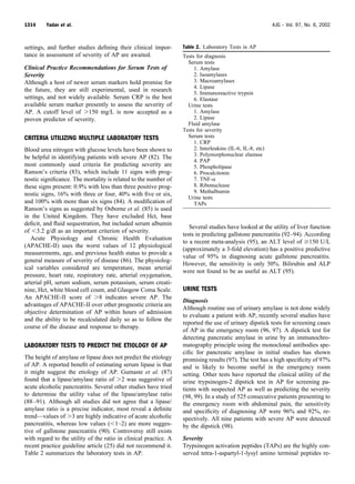 settings, and further studies deﬁning their clinical impor-
tance in assessment of severity of AP are awaited.
Clinical Practice Recommendations for Serum Tests of
Severity
Although a host of newer serum markers hold promise for
the future, they are still experimental, used in research
settings, and not widely available. Serum CRP is the best
available serum marker presently to assess the severity of
AP. A cutoff level of Ͼ150 mg/L is now accepted as a
proven predictor of severity.
CRITERIA UTILIZING MULTIPLE LABORATORY TESTS
Blood urea nitrogen with glucose levels have been shown to
be helpful in identifying patients with severe AP (82). The
most commonly used criteria for predicting severity are
Ranson’s criteria (83), which include 11 signs with prog-
nostic signiﬁcance. The mortality is related to the number of
these signs present: 0.9% with less than three positive prog-
nostic signs, 16% with three or four, 40% with ﬁve or six,
and 100% with more than six signs (84). A modiﬁcation of
Ranson’s signs as suggested by Osborne et al. (85) is used
in the United Kingdom. They have excluded Hct, base
deﬁcit, and ﬂuid sequestration, but included serum albumin
of Ͻ3.2 g/dl as an important criterion of severity.
Acute Physiology and Chronic Health Evaluation
(APACHE-II) uses the worst values of 12 physiological
measurements, age, and previous health status to provide a
general measure of severity of disease (86). The physiolog-
ical variables considered are temperature, mean arterial
pressure, heart rate, respiratory rate, arterial oxygenation,
arterial pH, serum sodium, serum potassium, serum creati-
nine, Hct, white blood cell count, and Glasgow Coma Scale.
An APACHE-II score of Ͼ8 indicates severe AP. The
advantages of APACHE-II over other prognostic criteria are
objective determination of AP within hours of admission
and the ability to be recalculated daily so as to follow the
course of the disease and response to therapy.
LABORATORY TESTS TO PREDICT THE ETIOLOGY OF AP
The height of amylase or lipase does not predict the etiology
of AP. A reported beneﬁt of estimating serum lipase is that
it might suggest the etiology of AP. Gumaste et al. (87)
found that a lipase/amylase ratio of Ͼ2 was suggestive of
acute alcoholic pancreatitis. Several other studies have tried
to determine the utility value of the lipase/amylase ratio
(88–91). Although all studies did not agree that a lipase/
amylase ratio is a precise indicator, most reveal a deﬁnite
trend—values of Ͼ3 are highly indicative of acute alcoholic
pancreatitis, whereas low values (Ͻ1–2) are more sugges-
tive of gallstone pancreatitis (90). Controversy still exists
with regard to the utility of the ratio in clinical practice. A
recent practice guideline article (25) did not recommend it.
Table 2 summarizes the laboratory tests in AP.
Several studies have looked at the utility of liver function
tests in predicting gallstone pancreatitis (92–94). According
to a recent meta-analysis (95), an ALT level of Ն150 U/L
(approximately a 3-fold elevation) has a positive predictive
value of 95% in diagnosing acute gallstone pancreatitis.
However, the sensitivity is only 50%. Bilirubin and ALP
were not found to be as useful as ALT (95).
URINE TESTS
Diagnosis
Although routine use of urinary amylase is not done widely
to evaluate a patient with AP, recently several studies have
reported the use of urinary dipstick tests for screening cases
of AP in the emergency room (96, 97). A dipstick test for
detecting pancreatic amylase in urine by an immunochro-
matography principle using the monoclonal antibodies spe-
ciﬁc for pancreatic amylase in initial studies has shown
promising results (97). The test has a high speciﬁcity of 97%
and is likely to become useful in the emergency room
setting. Other tests have reported the clinical utility of the
urine trypsinogen-2 dipstick test in AP for screening pa-
tients with suspected AP as well as predicting the severity
(98, 99). In a study of 525 consecutive patients presenting to
the emergency room with abdominal pain, the sensitivity
and speciﬁcity of diagnosing AP were 96% and 92%, re-
spectively. All nine patients with severe AP were detected
by the dipstick (98).
Severity
Trypsinogen activation peptides (TAPs) are the highly con-
served tetra-1-aspartyl-1-lysyl amino terminal peptides re-
Table 2. Laboratory Tests in AP
Tests for diagnosis
Serum tests
1. Amylase
2. Isoamylases
3. Macroamylases
4. Lipase
5. Immunoreactive trypsin
6. Elastase
Urine tests
1. Amylase
2. Lipase
Fluid amylase
Tests for severity
Serum tests
1. CRP
2. Interleukins (IL-6, IL-8, etc)
3. Polymorphonuclear elastase
4. PAP
5. Phospholipase
6. Procalcitonin
7. TNF-␣
8. Ribonuclease
9. Methalbumin
Urine tests
TAPs
1314 Yadav et al. AJG – Vol. 97, No. 6, 2002
 