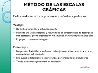 MÉTODO DE LAS ESCALAS
GRÁFICAS
Evalúa mediante factores previamente definidos y graduados.
Ventajas:
 De fácil comprensión y aplicación sencilla
 Posibilita una visión integrada y resumida de las características de desempeño
mas destacadas por la organización y la situación de cada empleado ante ellas
 Exige poco trabajo en su registro
Desventajas:
 No permite flexibilidad al evaluador, debe ajustarse al instrumento y no a las
características del empleado
 Está sujeto a distorsiones e interferencias personales de los evaluadores
 Tiende a rutinizar y generalizar los resultados.
Jonathan
 