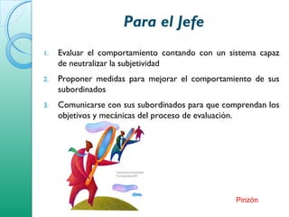 Para el Jefe
1. Evaluar el comportamiento contando con un sistema capaz
de neutralizar la subjetividad
2. Proponer medidas para mejorar el comportamiento de sus
subordinados
3. Comunicarse con sus subordinados para que comprendan los
objetivos y mecánicas del proceso de evaluación.
Pinzón
 