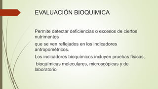 EVALUACIÓN BIOQUIMICA
Permite detectar deficiencias o excesos de ciertos
nutrimentos
que se ven reflejados en los indicadores
antropométricos.
Los indicadores bioquímicos incluyen pruebas físicas,
bioquímicas moleculares, microscópicas y de
laboratorio
 