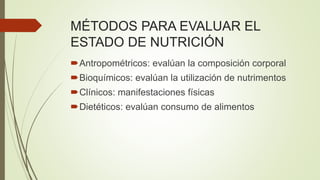 MÉTODOS PARA EVALUAR EL
ESTADO DE NUTRICIÓN
Antropométricos: evalúan la composición corporal
Bioquímicos: evalúan la utilización de nutrimentos
Clínicos: manifestaciones físicas
Dietéticos: evalúan consumo de alimentos
 