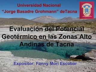 Evaluación del Potencial Geotérmico en las Zonas Alto Andinas de Tacna Universidad Nacional  “ Jorge Basadre Grohmann” deTacna Expositor: Fanny Mori Escobar 