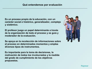 Qué entendemos por evaluación Es un proceso propio de la educación, con un carácter social e histórico, generalizador, complejo y sistémico.  El profesor juega un papel determinante a través de la organización de todo el proceso y es guía y moderador de la evaluación.  Se apoya en la recolección de informaciones sobre el proceso en determinados momentos y emplea diversos tipos de instrumentos.  Es importante para la toma de decisiones, la motivación de todos los involucrados y la medida del grado de cumplimiento de los objetivos propuestos. Regresar  