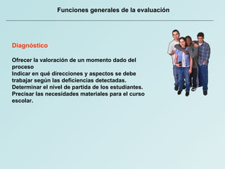 Funciones generales de la evaluación Diagnóstico Ofrecer la valoración de un momento dado del proceso Indicar en qué direcciones y aspectos se debe trabajar según las deficiencias detectadas. Determinar el nivel de partida de los estudiantes. Precisar las necesidades materiales para el curso escolar. 
