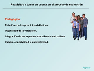 Requisitos a tomar en cuenta en el proceso de evaluación Pedagógico Relación con los principios didácticos. Regresar  Objetividad de la valoración.  Integración de los aspectos educativos e instructivos. Validez, confiabilidad y sistematicidad. 