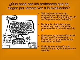 ¿Qué pasa con los profesores que se niegan por tercera vez a la evaluación? Solicitud de eximirse o de suspender por las causales establecidas en los artículos 6º y 7º del Reglamento de Evaluación. Declarar la inhabilidad de los evaluadores pares, que están contempladas en los artículos 20 y 21. Cuestionar la conformación de las Comisiones Comunales de Evaluación o los procedimientos realizados por éstas. Cualquier otra infracción a la normativa que regula la evaluación docente. 