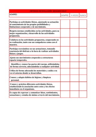 CRITERIOS DE EVALUACIÓN SEGUNDO CICLO
NOMBRE: SIEMPRE A VECES NUNCA
Participa en actividades físicas, ajustando su actuación
al conocimiento de las propias posibilidades y
limitaciones corporales y de movimiento.
Respeta normas establecidas en las actividades, para su
mejor organización y desarrollo de las actividades
propuestas.
Colabora en las actividades propuestas, cooperando en
su realización, tanto con sus compañeros como con el
maestro.
Participa recreándose en sus actuaciones, tomando
conciencia del disfrute a la hora de realizar actividades
físicas y juegos.
Ajusta sus movimientos corporales a estructuras
espacio temporales.
Identifica y conoce las partes del cuerpo, utilizándolas
de forma correcta, adecuándolas a cualquier actividad.
Utiliza de forma adecuada los materiales y cuida a su
vez el entorno donde se desarrollan.
Conoce y adopta hábitos de higiene y limpieza
personal.
Conoce y práctica diferentes actividades físicas,
estableciendo la asociación entre estos y los efectos
inmediatos en el organismo.
Es capaz de expresar y comunicar ideas, sentimientos,
sensaciones y estados de ánimo a través del movimiento.
 