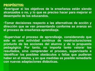 Propósitos: Averiguar si los objetivos de la enseñanza están siendo alcanzados o no, y lo que es preciso hacer para mejorar el desempeño de los educandos.  Tomar decisiones respecto a las alternativas de acción y dirección que se van presentando conforme se avanza en el proceso de enseñanza-aprendizaje. Supervisar el proceso de aprendizaje, considerando que este es una actividad continua de reestructuraciones producto de las acciones del alumno y de la propuesta pedagógica. Por tanto, no importa tanto valorar los resultados, sino comprender el proceso, supervisarlo e identificar los posibles obstáculos o fallas que pudieran haber en el mismo, y en que medidas es posible remediarla con nuevas adaptaciones didácticas. 