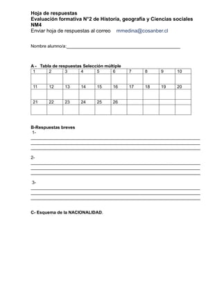 Hoja de respuestas
Evaluación formativa N°2 de Historia, geografía y Ciencias sociales
NM4
Enviar hoja de respuestas al correo mmedina@cosanber.cl
Nombre alumno/a:_______________________________________________
A - Tabla de respuestas Selección múltiple
1 2 3 4 5 6 7 8 9 10
11 12 13 14 15 16 17 18 19 20
21 22 23 24 25 26
B-Respuestas breves
1-
______________________________________________________________________
______________________________________________________________________
______________________________________________________________________
2-
______________________________________________________________________
______________________________________________________________________
______________________________________________________________________
3-
______________________________________________________________________
______________________________________________________________________
______________________________________________________________________
C- Esquema de la NACIONALIDAD.
 