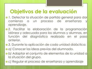 Objetivos de la evaluación
 1. Detectar la situación de partida general para dar
  comienzo a un proceso de enseñanza y
  aprendizaje.
 2. Facilitar la elaboración de la programación
  idónea y adecuada para los alumnos y alumnas, en
  función del diagnóstico realizado en el paso
  anterior.
 3. Durante la aplicación de cada unidad didáctica:
 a) Conocer las ideas previas del alumnado.
 b) Adaptar el conjunto de elementos de la unidad a
  la situación del grupo.
 c) Regular el proceso de enseñanza y aprendizaje
 