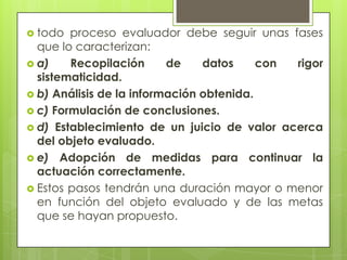  todo  proceso evaluador debe seguir unas fases
  que lo caracterizan:
 a)    Recopilación      de    datos     con rigor
  sistematicidad.
 b) Análisis de la información obtenida.
 c) Formulación de conclusiones.
 d) Establecimiento de un juicio de valor acerca
  del objeto evaluado.
 e) Adopción de medidas para continuar la
  actuación correctamente.
 Estos pasos tendrán una duración mayor o menor
  en función del objeto evaluado y de las metas
  que se hayan propuesto.
 