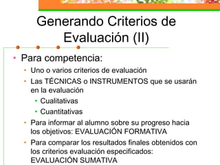 Generando Criterios de
Evaluación (II)
• Para competencia:
• Uno o varios criterios de evaluación
• Las TÉCNICAS o INSTRUMENTOS que se usarán
en la evaluación
• Cualitativas
• Cuantitativas
• Para informar al alumno sobre su progreso hacia
los objetivos: EVALUACIÓN FORMATIVA
• Para comparar los resultados finales obtenidos con
los criterios evaluación especificados:
EVALUACIÓN SUMATIVA
 