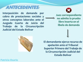Interposición de demanda por
cobro de prestaciones sociales y
otros conceptos laborales ante el
Juzgado Cuarto de Juicio del
Trabajo de la Circunscripción
Judicial del Estado Bolívar

Juez correspondiente
no admite la prueba
libre inserta en el
libelo de demanda

El demandante ejerce recurso de
apelación ante el Tribunal
Superior Primero del Trabajo de
la Circunscripción Judicial del
Estado Bolívar
Patricia Osorio

 