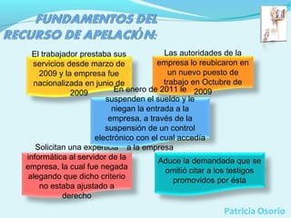 Las autoridades de la
El trabajador prestaba sus
empresa lo reubicaron en
servicios desde marzo de
un nuevo puesto de
2009 y la empresa fue
trabajo en Octubre de
nacionalizada en junio de
En enero de 2011 le 2009
2009
suspenden el sueldo y le
niegan la entrada a la
empresa, a través de la
suspensión de un control
electrónico con el cual accedía
Solicitan una experticia a la empresa
informática al servidor de la
Aduce la demandada que se
empresa, la cual fue negada
omitió citar a los testigos
alegando que dicho criterio
promovidos por ésta
no estaba ajustado a
derecho

Patricia Osorio

 