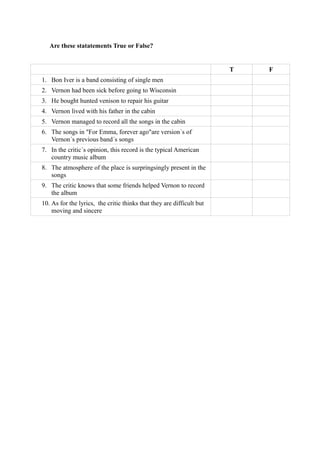 Are these statatements True or False?


                                                                       T   F
1. Bon Iver is a band consisting of single men
2. Vernon had been sick before going to Wisconsin
3. He bought hunted venison to repair his guitar
4. Vernon lived with his father in the cabin
5. Vernon managed to record all the songs in the cabin
6. The songs in "For Emma, forever ago"are version´s of
   Vernon´s previous band´s songs
7. In the critic´s opinion, this record is the typical American
   country music album
8. The atmosphere of the place is surpringsingly present in the
   songs
9. The critic knows that some friends helped Vernon to record
   the album
10. As for the lyrics, the critic thinks that they are difficult but
    moving and sincere
 