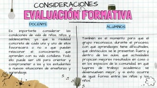 EVALUACIÓN FORMATIVA
EVALUACIÓN FORMATIVA
DOCENTE
Es importante considerar las
condiciones de vida de niñas, niños y
adolescentes, ya que la realidad
concreta de cada una y uno de ellos
favorecerá o no a que puedan
relacionar el conocimiento que
aprenden con su vida cotidiana. Todo
ello puede ser útil para orientar y
comprometer a las y los estudiantes
a nuevas situaciones de enseñanza y
aprendizaje.
CONSIDERACIONES
ALUMNOS
También es el momento para que el
grupo reconozca, durante el proceso,
con qué aprendizajes tiene dificultades,
qué obstáculos se le presentan fuera y
dentro de las aulas, qué actividades
propician mejores resultados en casa o
en los espacios de la comunidad, en qué
lugares de trabajo académico se
desenvuelven mejor, y si esto ocurre
de igual forma entre las niñas y los
niños.
 