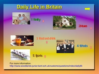 Daily Life in Britain 1. Family  2.Houses 3. Food and drink 4. Schools 5. Sports For more information:  http://www.woodlands-junior.kent.sch.uk/customs/questions/index/dailylife.htm#fam 