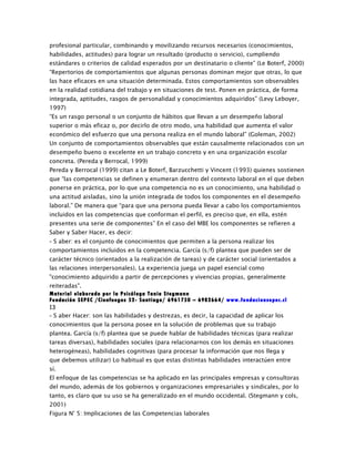 profesional particular, combinando y movilizando recursos necesarios (conocimientos,
habilidades, actitudes) para lograr un resultado (producto o servicio), cumpliendo
estándares o criterios de calidad esperados por un destinatario o cliente” (Le Boterf, 2000)
“Repertorios de comportamientos que algunas personas dominan mejor que otras, lo que
las hace eficaces en una situación determinada. Estos comportamientos son observables
en la realidad cotidiana del trabajo y en situaciones de test. Ponen en práctica, de forma
integrada, aptitudes, rasgos de personalidad y conocimientos adquiridos” (Levy Leboyer,
1997)
“Es un rasgo personal o un conjunto de hábitos que llevan a un desempeño laboral
superior o más eficaz o, por decirlo de otro modo, una habilidad que aumenta el valor
económico del esfuerzo que una persona realiza en el mundo laboral” (Goleman, 2002)
Un conjunto de comportamientos observables que están causalmente relacionados con un
desempeño bueno o excelente en un trabajo concreto y en una organización escolar
concreta. (Pereda y Berrocal, 1999)
Pereda y Berrocal (1999) citan a Le Boterf, Barzucchetti y Vincent (1993) quienes sostienen
que “las competencias se definen y enumeran dentro del contexto laboral en el que deben
ponerse en práctica, por lo que una competencia no es un conocimiento, una habilidad o
una actitud aisladas, sino la unión integrada de todos los componentes en el desempeño
laboral.” De manera que “para que una persona pueda llevar a cabo los comportamientos
incluidos en las competencias que conforman el perfil, es preciso que, en ella, estén
presentes una serie de componentes” En el caso del MBE los componentes se refieren a
Saber y Saber Hacer, es decir:
- S aber: es el conjunto de conocimientos que permiten a la persona realizar los
comportamientos incluidos en la competencia. García (s/f) plantea que pueden ser de
carácter técnico (orientados a la realización de tareas) y de carácter social (orientados a
las relaciones interpersonales). La experiencia juega un papel esencial como
"conocimiento adquirido a partir de percepciones y vivencias propias, generalmente
reiteradas".
Material elaborado por la Psicóloga Tania Stegmann
Fundación SEPEC /Cienfuegos 52- Santiago/ 6961750 – 6982664/ www.fundacionsepec.cl
13
- S aber Hacer: son las habilidades y destrezas, es decir, la capacidad de aplicar los
conocimientos que la persona posee en la solución de problemas que su trabajo
plantea. García (s/f) plantea que se puede hablar de habilidades técnicas (para realizar
tareas diversas), habilidades sociales (para relacionarnos con los demás en situaciones
heterogéneas), habilidades cognitivas (para procesar la información que nos llega y
que debemos utilizar) Lo habitual es que estas distintas habilidades interactúen entre
sí.
El enfoque de las competencias se ha aplicado en las principales empresas y consultoras
del mundo, además de los gobiernos y organizaciones empresariales y sindicales, por lo
tanto, es claro que su uso se ha generalizado en el mundo occidental. (Stegmann y cols,
2001)
Figura N° 5: Implicaciones de las Competencias laborales
 