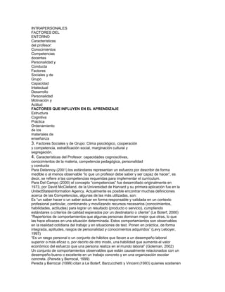INTRAPERSONALES
FACTORES DEL
ENTORNO
Características
del profesor:
Conocimientos
Competencias
docentes
Personalidad y
Conducta
Factores
Sociales y de
Grupo
Capacidad
Intelectual
Desarrollo
Personalidad
Motivación y
Actitud
FACTORES QUE INFLUYEN EN EL APRENDIZAJE
Estructura
Cognitiva
Práctica
Ordenamiento
de los
materiales de
enseñanza
3. Factores Sociales y de Grupo: Clima psicológico, cooperación
y competencia, estratificación social, marginación cultural y
segregación.
4. Características del Profesor: capacidades cognoscitivas,
conocimientos de la materia, competencia pedagógica, personalidad
y conducta
Para Delannoy (2001) los estándares representan un esfuerzo por describir de forma
medible o al menos observable “lo que un profesor debe saber y ser capaz de hacer”, es
decir, se refiere a las competencias requeridas para implementar el currículum.
Para Del Campo (2000) el concepto “competencias” fue desarrollado originalmente en
1973, por David McClelland, de la Universidad de Harvard y su primera aplicación fue en la
UnitedStatesInformation Agency. Actualmente es posible encontrar muchas definiciones
acerca de las Competencias, algunas de las más utilizadas, son:
Es “un saber hacer o un saber actuar en forma responsable y validada en un contexto
profesional particular, combinando y movilizando recursos necesarios (conocimientos,
habilidades, actitudes) para lograr un resultado (producto o servicio), cumpliendo
estándares o criterios de calidad esperados por un destinatario o cliente” (Le Boterf, 2000)
“Repertorios de comportamientos que algunas personas dominan mejor que otras, lo que
las hace eficaces en una situación determinada. Estos comportamientos son observables
en la realidad cotidiana del trabajo y en situaciones de test. Ponen en práctica, de forma
integrada, aptitudes, rasgos de personalidad y conocimientos adquiridos” (Levy Leboyer,
1997)
“Es un rasgo personal o un conjunto de hábitos que llevan a un desempeño laboral
superior o más eficaz o, por decirlo de otro modo, una habilidad que aumenta el valor
económico del esfuerzo que una persona realiza en el mundo laboral” (Goleman, 2002)
Un conjunto de comportamientos observables que están causalmente relacionados con un
desempeño bueno o excelente en un trabajo concreto y en una organización escolar
concreta. (Pereda y Berrocal, 1999)
Pereda y Berrocal (1999) citan a Le Boterf, Barzucchetti y Vincent (1993) quienes sostienen
 