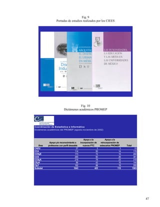 Fig. 9
                   Portadas de estudios realizados por los CIEES




                                      Fig. 10
                          Dictámenes académicos PROMEP




Coordinación de Estadística e Informática
Dictámenes académicos del PROMEP (agosto-noviembre de 2002)



                                              Apoyo a la          Apoyo a la
            Apoyo y/o reconocimiento a    incorporación de    reincorporación de
    Área   profesores con perfil deseable    nuevos PTC      exbecarios PROMEP       Total
CADU                                   27                  3                     3             33
CCA                                   114                 50                    14            178
CCNyE                                 173                 72                    15            260
CCS                                   265                 90                    26            381
CCSyA                                 216                 79                    23            318
CEyH                                   86                 43                    15            144
CIyT                                  162                 88                    19            269
Subtotal                             1043                425                   115           1583




                                                                                                    47
 