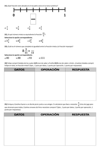 21) ¿Qué fracción está ubicada en el recuadro vacío en la recta numérica?
a)
𝟏
𝟒
b)
𝟑
𝟖
c)
𝟏
𝟖
d)
𝟐
𝟐
22) ¿A qué número mixto es equivalente la fracción
𝟐𝟏
𝟔
?
Selecciona la opción correspondiente.
a) 3
𝟑
𝟔
b) 6
𝟐
𝟔
c) 2
𝟑
𝟔
d) 6
𝟑
𝟔
23) ¿Cuál es el número que completa la igualdad entre la fracción mixta y la fracción impropia?
8
𝟓
𝟏𝟏
=
𝟏𝟏
Selecciona la opción correspondiente.
a) 80 b) 88 c) 93 d) 111
24) Felipe compró helados de los cuales 12/4 eran de sabor a frutilla 22/4 eran de sabor a limón. ¿Cuántos helados compró
Felipe en total, en fracción mixta? (3pts., 1 puto por datos, 1 punto por operación, 1 punto por respuestas)
25) Enrique y Carolina fueron a un día de picnic junto a sus amigos. Si calcularon que iban a necesitar
𝟗
𝟐
Litros de jugo para
que alcanzara para todos, Cuántos envases de litros necesitan comprar? (3pts., 1 puto por datos, 1 punto por operación, 1
punto por respuestas)
 