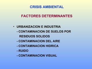 CRISIS AMBIENTAL
FACTORES DETERMINANTES
• URBANIZACION E INDUSTRIA
- CONTAMINACION DE SUELOS POR
RESIDUOS SOLIDOS
- CONTAMINACION DEL AIRE
- CONTAMINACION HIDRICA
- RUIDO
- CONTAMINACION VISUAL
 