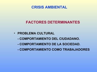 CRISIS AMBIENTAL
FACTORES DETERMINANTES
• PROBLEMA CULTURAL
- COMPORTAMIENTO DEL CIUDADANO.
- COMPORTAMIENTO DE LA SOCIEDAD.
- COMPORTAMIENTO COMO TRABAJADORES
 
