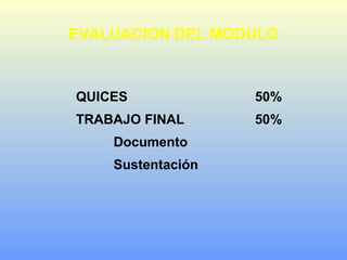 EVALUACION DEL MODULO
QUICES 50%
TRABAJO FINAL 50%
Documento
Sustentación
 