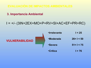 EVALUACIÓN DE IMPACTOS AMBIENTALES
I = +/- (3IN+2EX+MO+P+RV+SI+AC+EF+PR+RC)
3. Importancia Ambiental
VULNERABILIDAD
•Irrelevante I < 25
•Moderada 26< I < 50
•Severa 51< I < 75
•Crítica I > 76
 