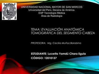 UNIVERSIDAD NACIONAL MAYOR DE SAN MARCOS 
Universidad del Perú, Decana de América. 
EAP Tecnología Médica 
Área de Radiología 
TEMA: EVALUACIÓN ANATÓMICA 
TOMOGRÁFICA DEL SEGMENTO CABEZA 
PROFESORA: Mg. Cecilia Muñoz Barabino 
ESTUDIANTE: Lucerito Yamdú Chara Eguia 
CÓDIGO: 12010137 
 