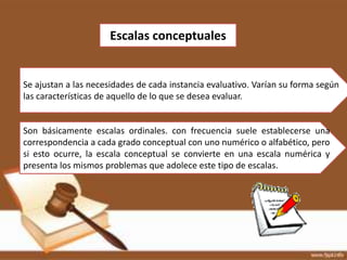 Escalas conceptuales


Se ajustan a las necesidades de cada instancia evaluativo. Varían su forma según
las características de aquello de lo que se desea evaluar.


Son básicamente escalas ordinales. con frecuencia suele establecerse una
correspondencia a cada grado conceptual con uno numérico o alfabético, pero
si esto ocurre, la escala conceptual se convierte en una escala numérica y
presenta los mismos problemas que adolece este tipo de escalas.
 