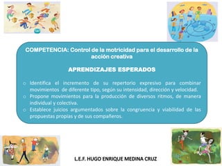 COMPETENCIA: Control de la motricidad para el desarrollo de la
acción creativa
APRENDIZAJES ESPERADOS
o Identifica el incremento de su repertorio expresivo para combinar
movimientos de diferente tipo, según su intensidad, dirección y velocidad.
o Propone movimientos para la producción de diversos ritmos, de manera
individual y colectiva.
o Establece juicios argumentados sobre la congruencia y viabilidad de las
propuestas propias y de sus compañeros.
 