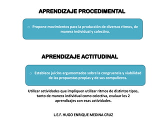 o Propone movimientos para la producción de diversos ritmos, de
manera individual y colectiva.
Utilizar actividades que impliquen utilizar ritmos de distintos tipos,
tanto de manera individual como colectiva, evaluar los 2
aprendizajes con esas actividades.
o Establece juicios argumentados sobre la congruencia y viabilidad
de las propuestas propias y de sus compañeros.
 