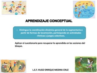 o Distingue la coordinación dinámica general de la segmentaria a
partir de formas de locomoción, participando en actividades
rítmicas y juegos colectivos.
Aplicar el cuestionario para recuperar lo aprendido en las sesiones del
bloque.
 