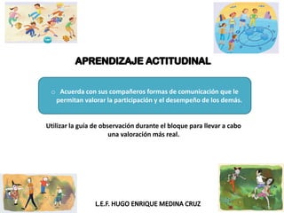 o Acuerda con sus compañeros formas de comunicación que le
permitan valorar la participación y el desempeño de los demás.
Utilizar la guía de observación durante el bloque para llevar a cabo
una valoración más real.
 