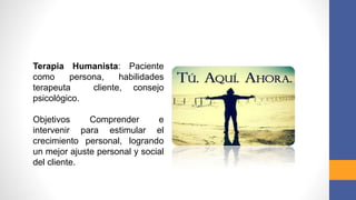 Terapia Humanista: Paciente
como persona, habilidades
terapeuta cliente, consejo
psicológico.
Objetivos Comprender e
intervenir para estimular el
crecimiento personal, logrando
un mejor ajuste personal y social
del cliente.
 