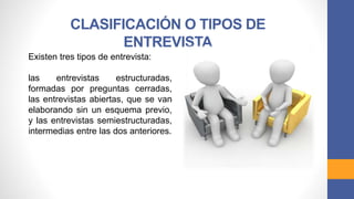 CLASIFICACIÓN O TIPOS DE
ENTREVISTA
Existen tres tipos de entrevista:
las entrevistas estructuradas,
formadas por preguntas cerradas,
las entrevistas abiertas, que se van
elaborando sin un esquema previo,
y las entrevistas semiestructuradas,
intermedias entre las dos anteriores.
 