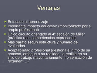 Ventajas

► Enfocado al aprendizaje
► Importante impacto educativo   (monitorizado por el
  propio profesional)
► Único circuito orientado al 4º escalón de Miller
  (práctica real, competencias expresadas)
► Mas barato según estructura y número de
  evaluados
► Aceptabilidad profesional (gestiona el ritmo de su
  proceso, enfoque a su realidad, lo realiza en su
  sitio de trabajo mayoritariamente, no sensación de
  “examen”…)
 