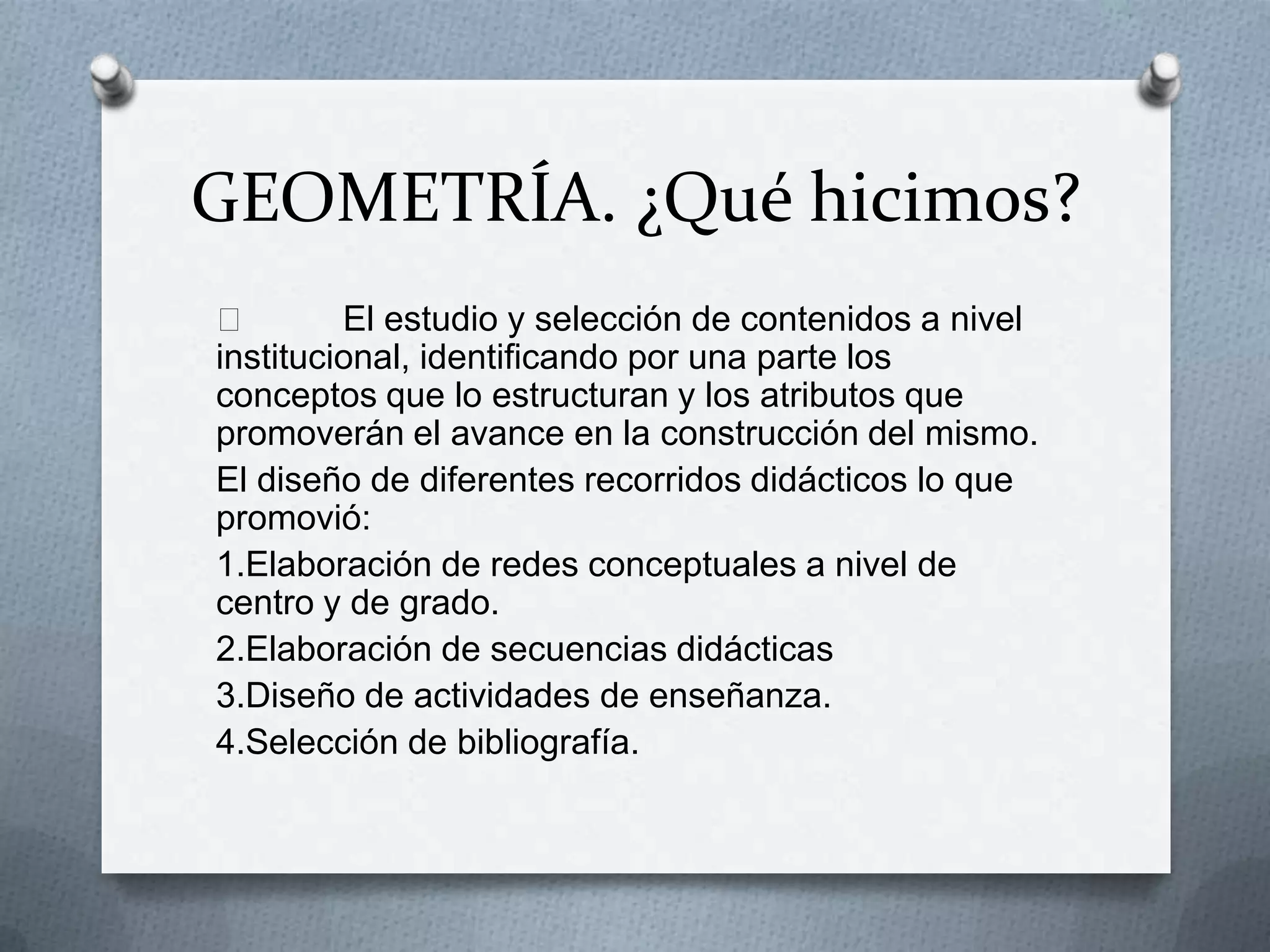 GEOMETRÍA. ¿Qué hicimos?

El estudio y selección de contenidos a nivel
institucional, identificando por una parte los
conceptos que lo estructuran y los atributos que
promoverán el avance en la construcción del mismo.
El diseño de diferentes recorridos didácticos lo que
promovió:
1.Elaboración de redes conceptuales a nivel de
centro y de grado.
2.Elaboración de secuencias didácticas
3.Diseño de actividades de enseñanza.
4.Selección de bibliografía.

 