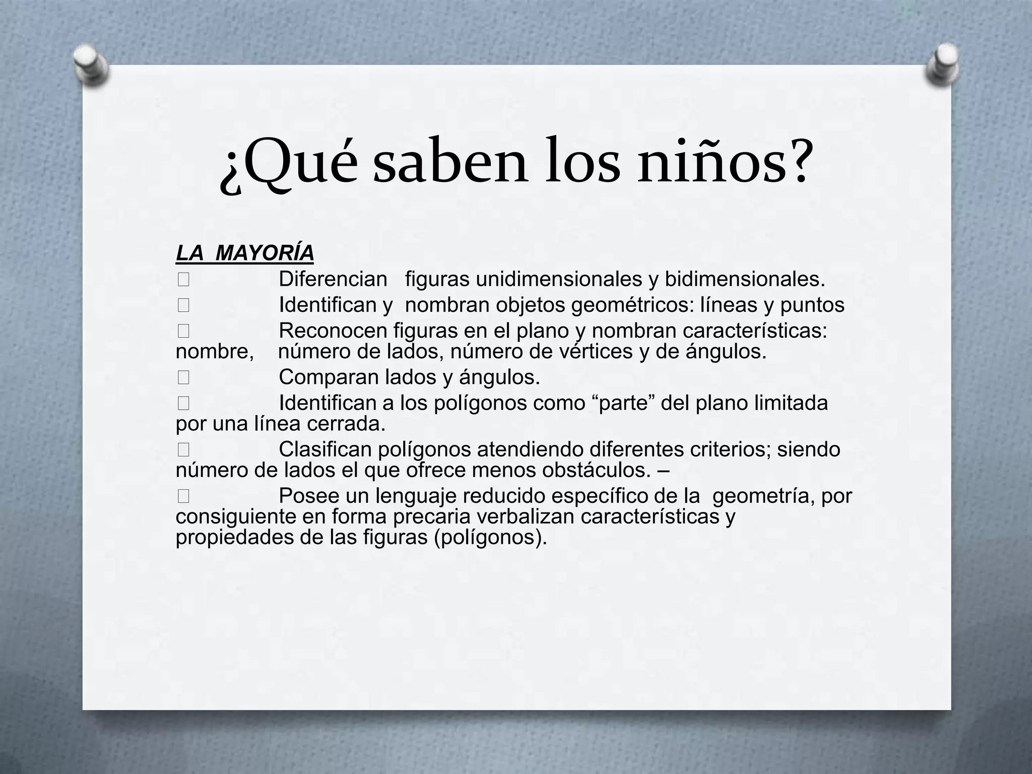 ¿Qué saben los niños?
LA MAYORÍA

Diferencian figuras unidimensionales y bidimensionales.

Identifican y nombran objetos geométricos: líneas y puntos

Reconocen figuras en el plano y nombran características:
nombre, número de lados, número de vértices y de ángulos.

Comparan lados y ángulos.

Identifican a los polígonos como “parte” del plano limitada
por una línea cerrada.

Clasifican polígonos atendiendo diferentes criterios; siendo
número de lados el que ofrece menos obstáculos. –

Posee un lenguaje reducido específico de la geometría, por
consiguiente en forma precaria verbalizan características y
propiedades de las figuras (polígonos).

 