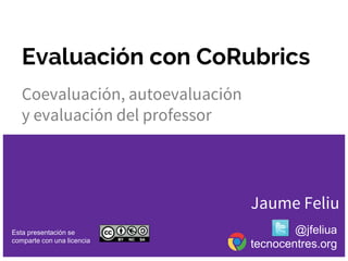 Evaluación con CoRubrics
Coevaluación, autoevaluación
y evaluación del professor
Esta presentación se
comparte con una licencia
@jfeliua
tecnocentres.org
Jaume Feliu
 
