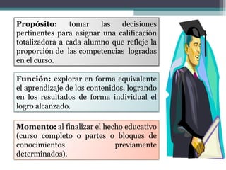 Propósito:  tomar las decisiones pertinentes para asignar una calificación totalizadora a cada alumno que refleje la proporción de  las competencias  logradas en el curso. Función:  explorar en forma equivalente el aprendizaje de los contenidos, logrando en los resultados de forma individual el logro alcanzado. Momento:   al finalizar el hecho educativo (curso completo o partes o bloques de conocimientos previamente determinados). 
