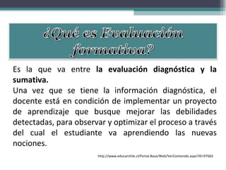 Es la que va entre  la evaluación diagnóstica y la sumativa. Una vez que se tiene la información diagnóstica ,  el docente está en condición de implementar un proyecto de aprendizaje que busque mejorar las debilidades detectadas, para observar y optimizar el proceso a través del cual el estudiante va aprendiendo las nuevas nociones.  http://www.educarchile.cl/Portal.Base/Web/VerContenido.aspx?ID=97665 